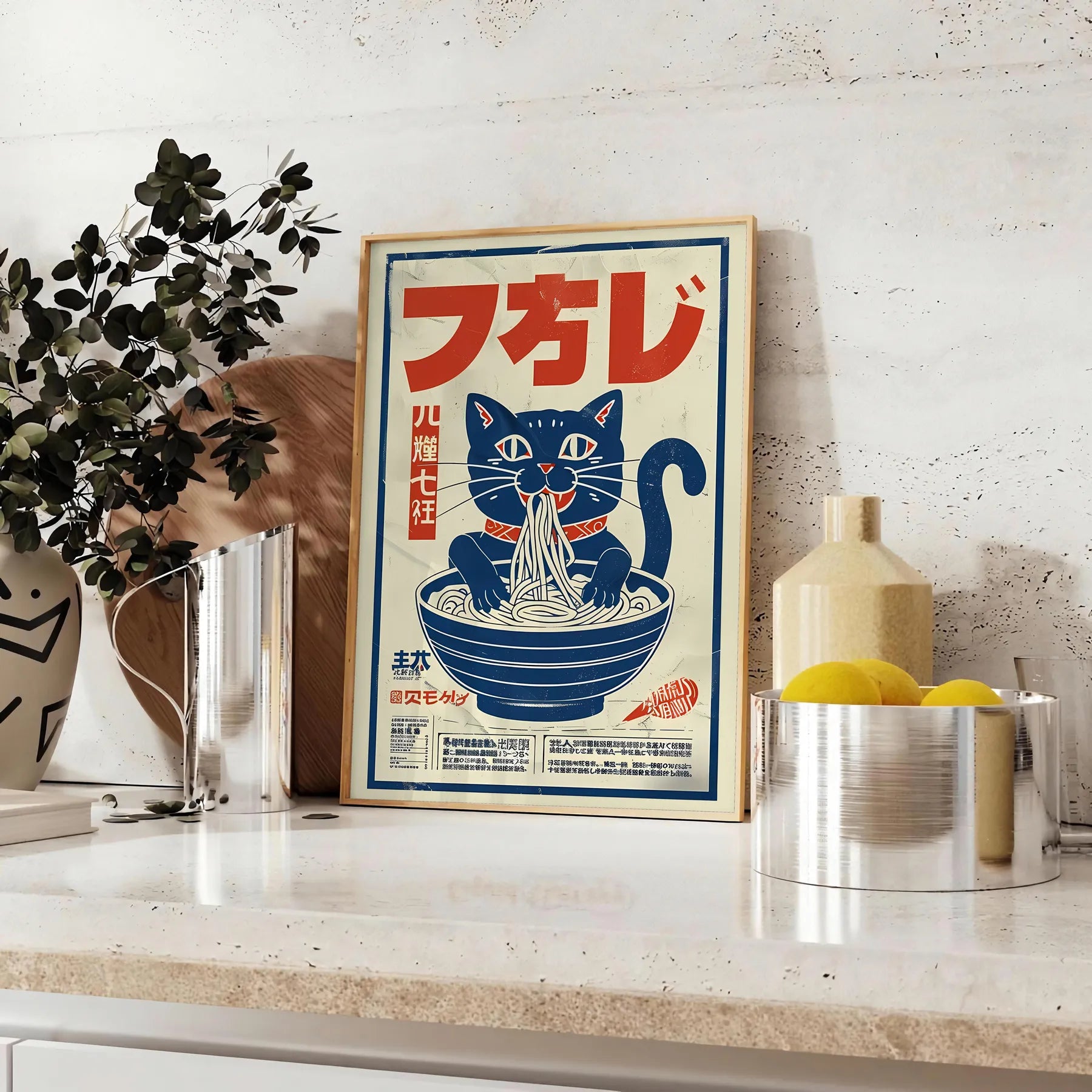 walls captivating Cat Ramen Kitchen poster charming feline chefs stylish blue gray palette delightful wall art print unique gift lovers food enthusiasts unframed variants