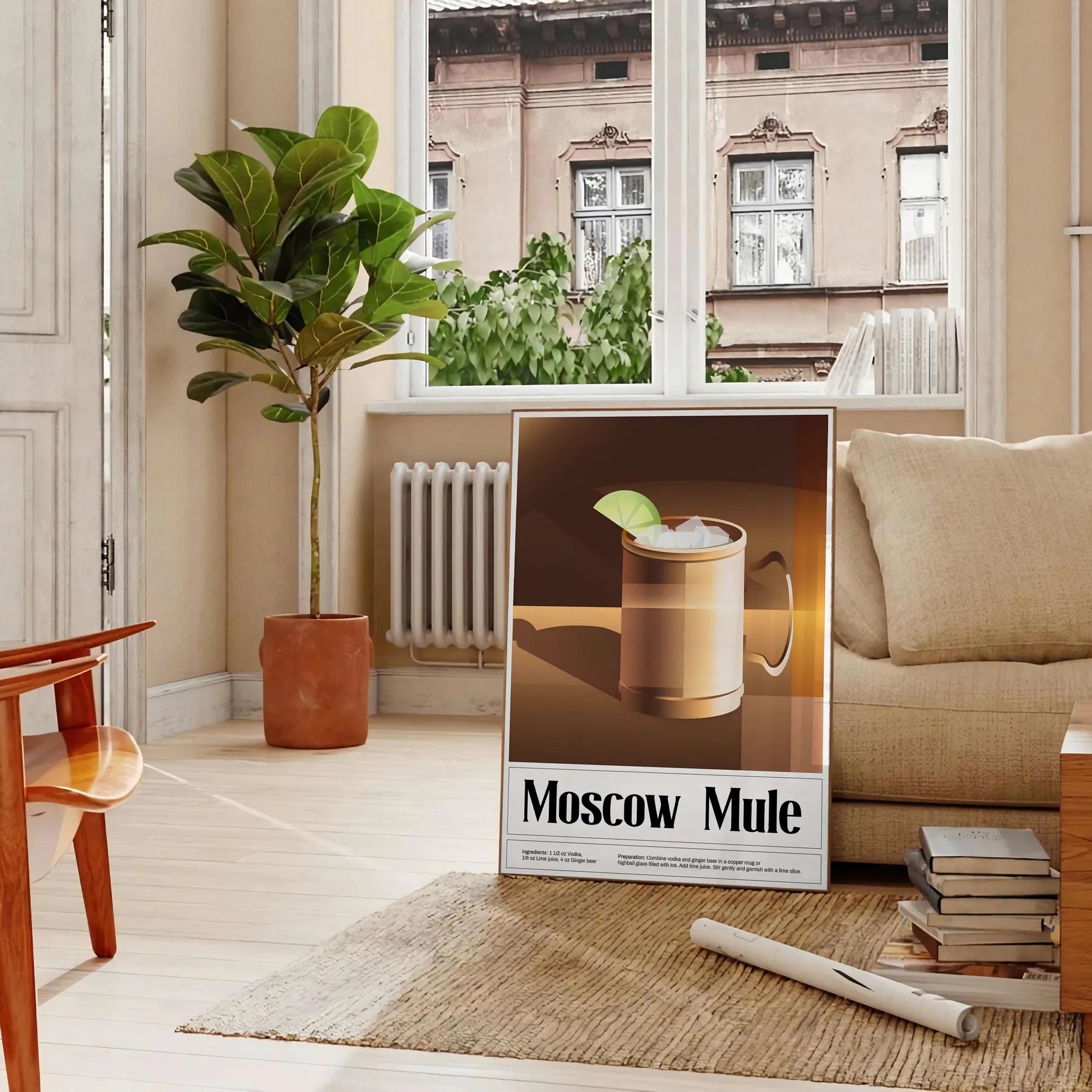 space stylish Moscow Mule cocktail poster vibrant greens sleek black backdrop kitchen wall art unique gift lovers framed frameless options home bar dining area