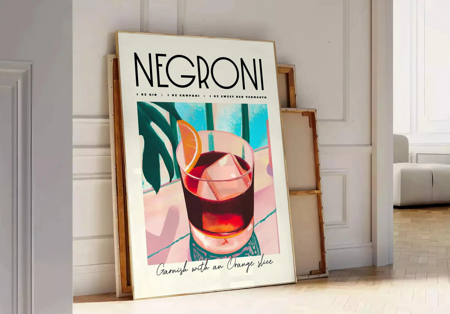 space vibrant negroni cocktail art poster blue orange hues stylish wall piece unique gift idea home bar kitchen artwork essence mixology standalone print