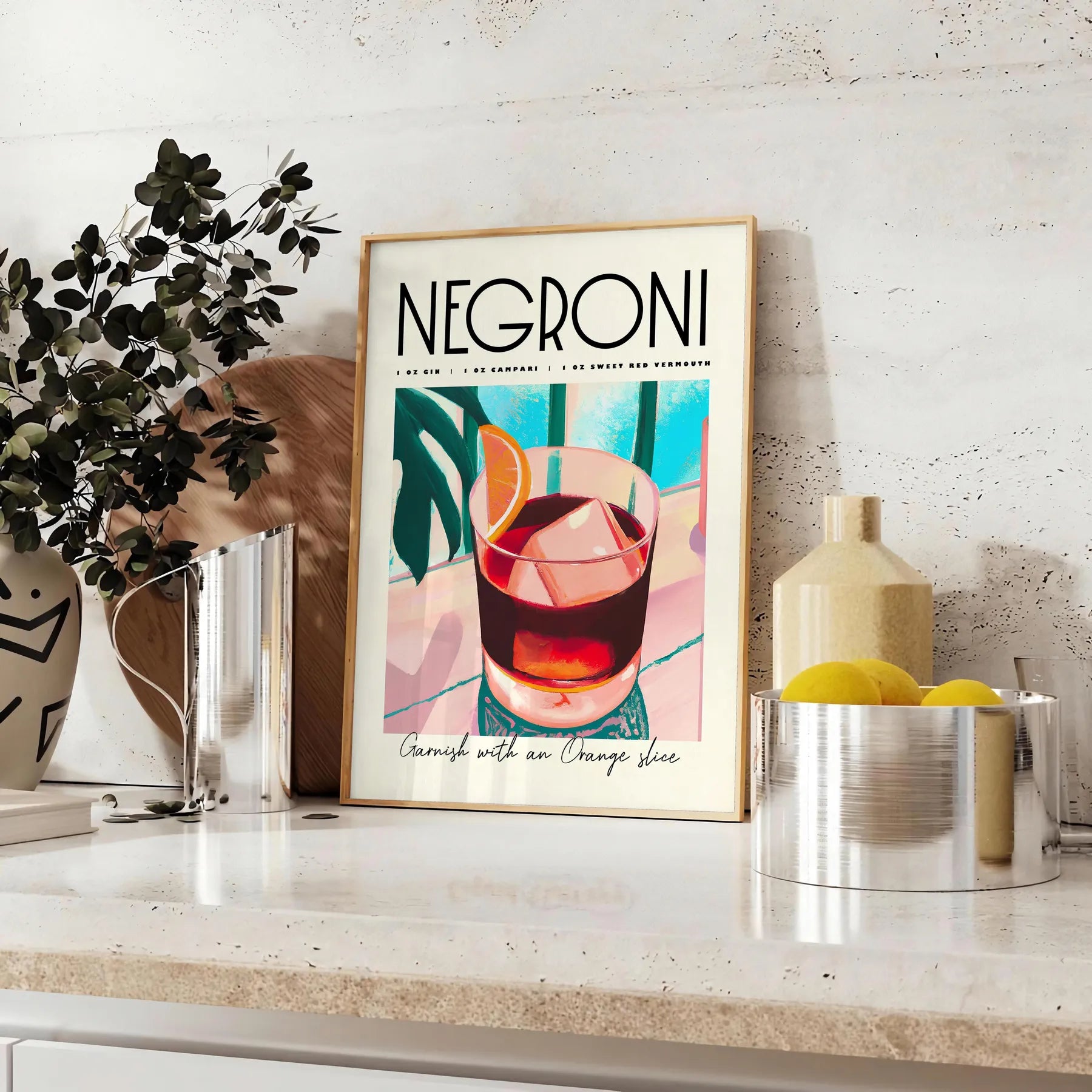 space vibrant negroni cocktail art poster blue orange hues stylish wall piece unique gift idea home bar kitchen artwork essence mixology standalone print