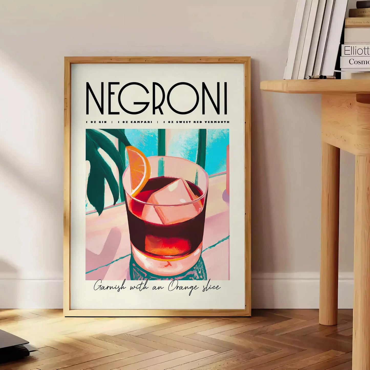 space vibrant negroni cocktail art poster blue orange hues stylish wall piece unique gift idea home bar kitchen artwork essence mixology standalone print