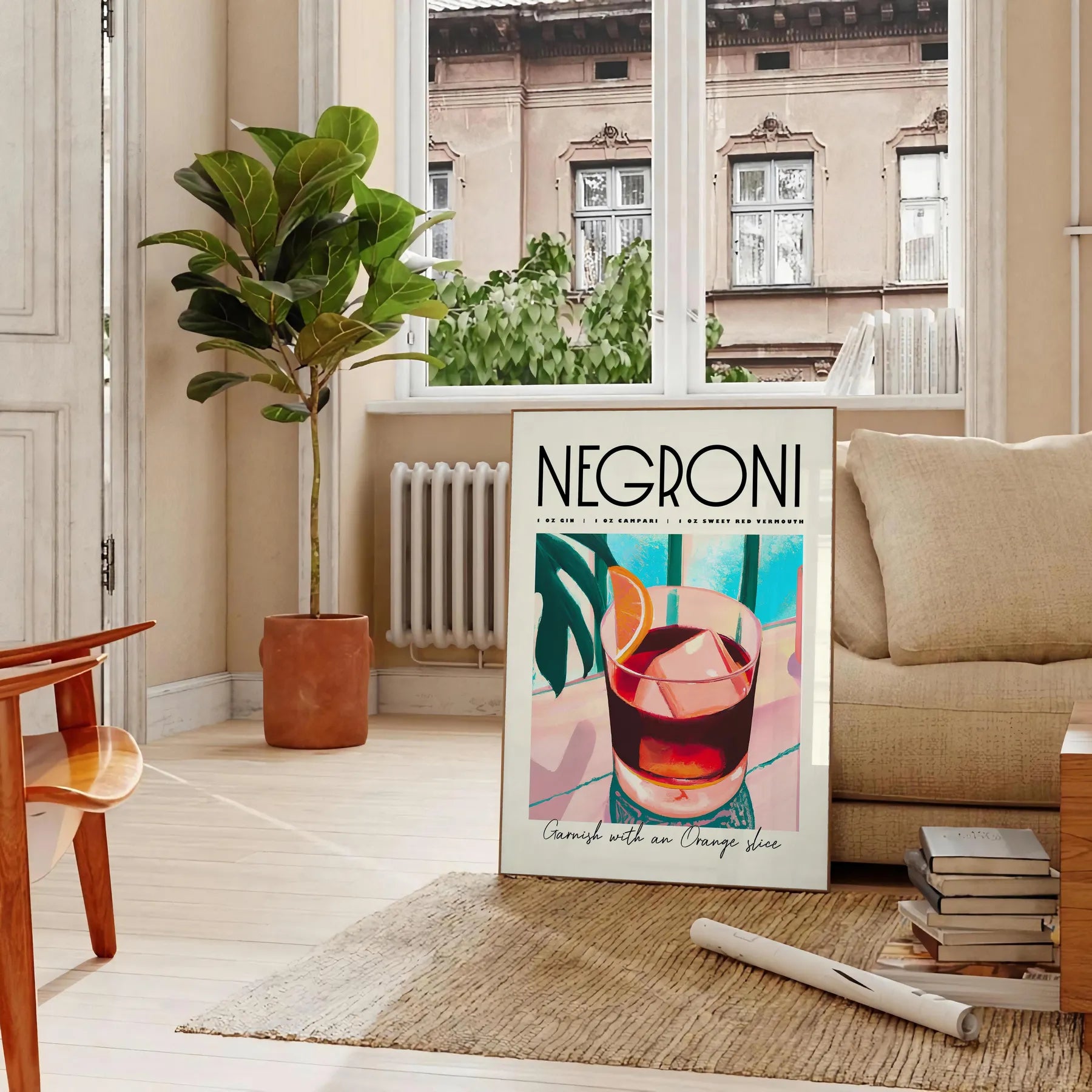 space vibrant negroni cocktail art poster blue orange hues stylish wall piece unique gift idea home bar kitchen artwork essence mixology standalone print