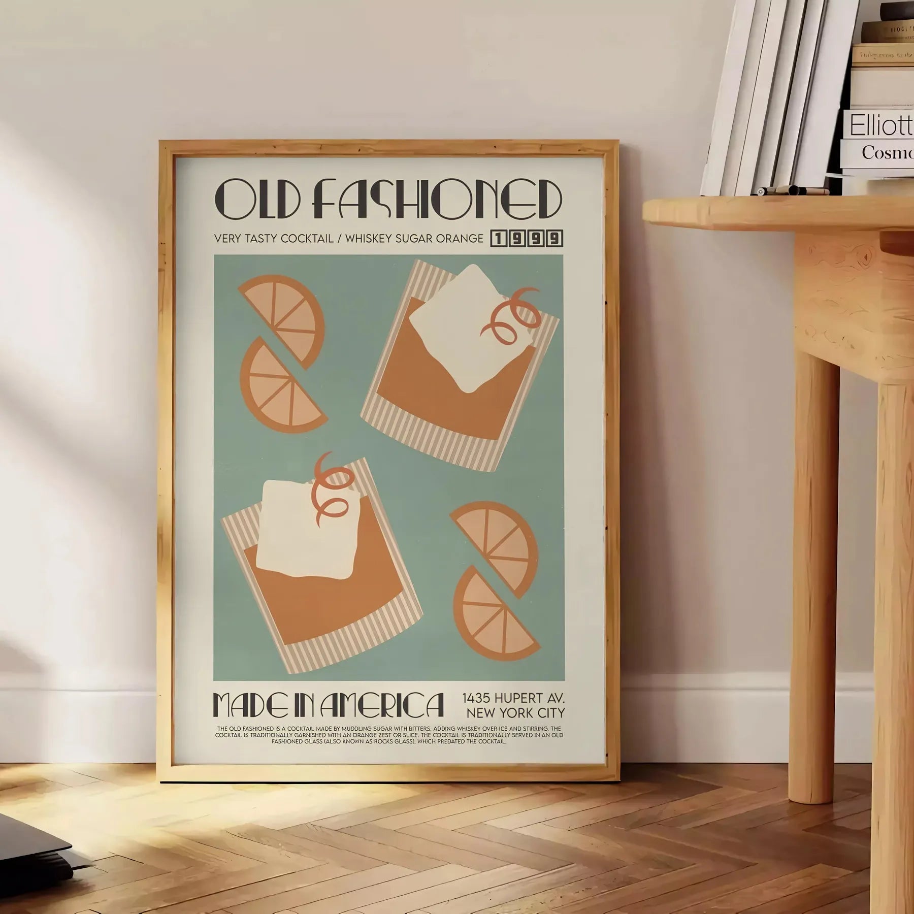 space vintage Old Fashioned Cocktail poster rich brown green hues perfect wall art enthusiasts unique gift artwork available print sizes A4 cm A0