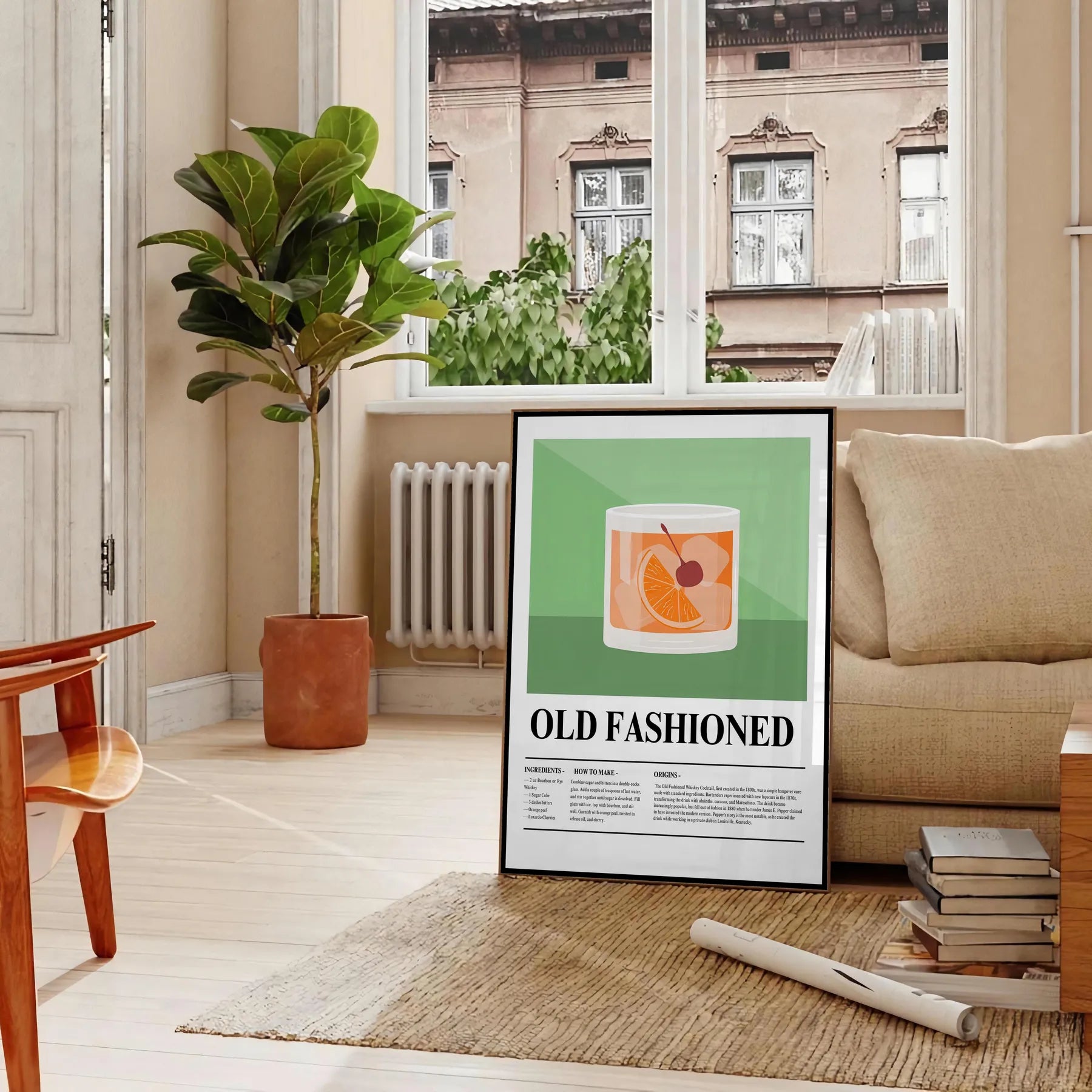 space Old Fashioned Cocktail poster vibrant green hues sleek black backdrop stylish wall art thoughtful gift eye print sophistication room unframed options