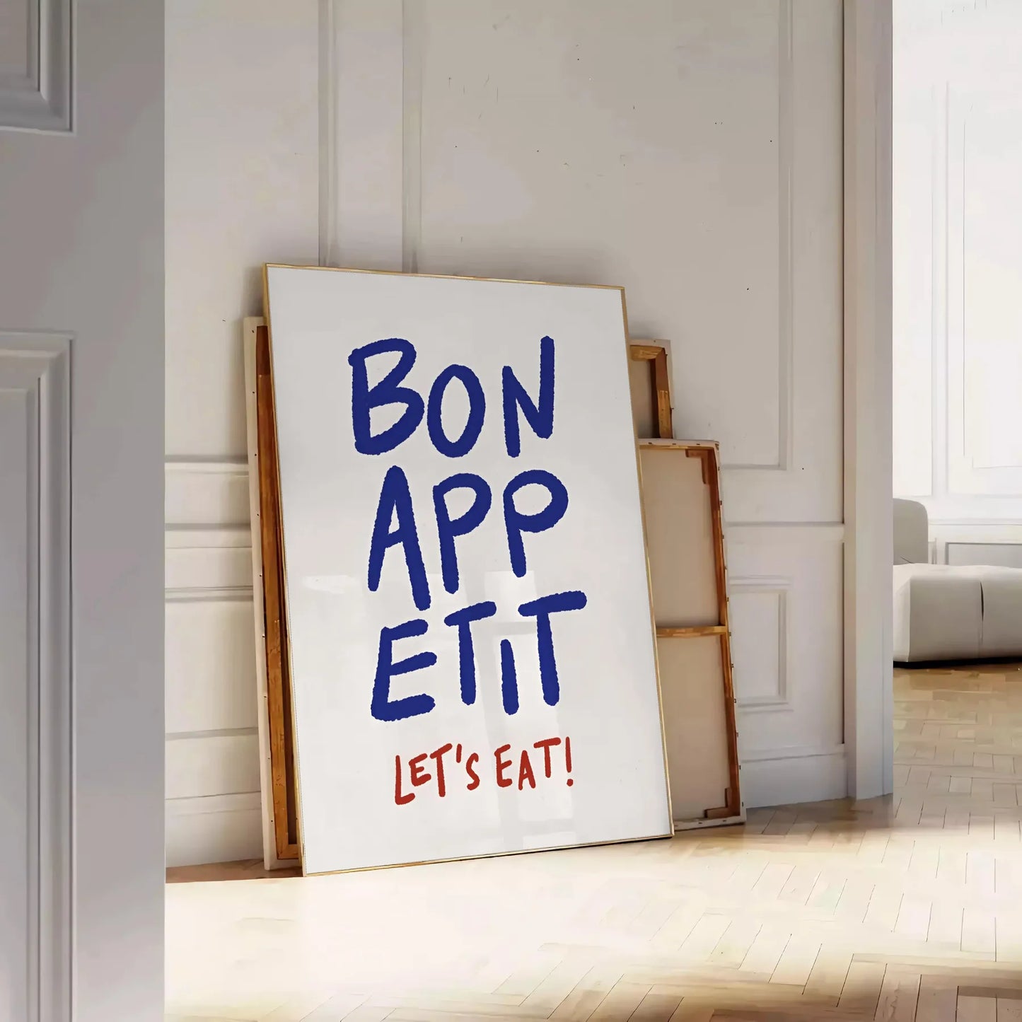 kitchen Bon Appetit Let Eat poster elegant blue gray hues captivating wall art perfect touch culinary flair space thoughtful gift preferred style unframed print