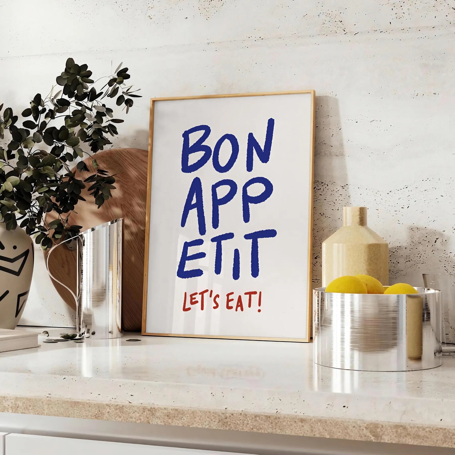 kitchen Bon Appetit Let Eat poster elegant blue gray hues captivating wall art perfect touch culinary flair space thoughtful gift preferred style unframed print