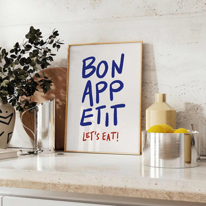 kitchen Bon Appetit Let Eat poster elegant blue gray hues captivating wall art perfect touch culinary flair space thoughtful gift preferred style unframed print