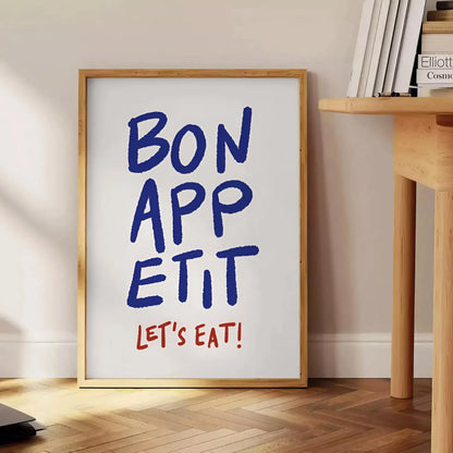 kitchen Bon Appetit Let Eat poster elegant blue gray hues captivating wall art perfect touch culinary flair space thoughtful gift preferred style unframed print