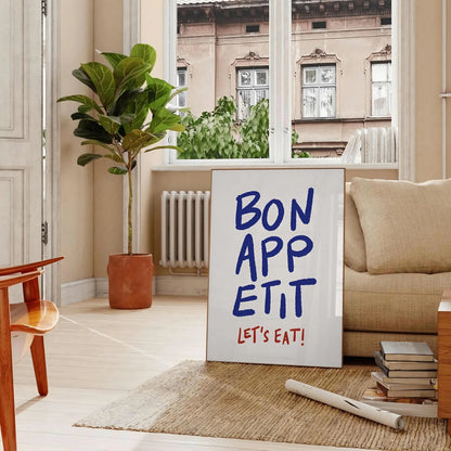 kitchen Bon Appetit Let Eat poster elegant blue gray hues captivating wall art perfect touch culinary flair space thoughtful gift preferred style unframed print