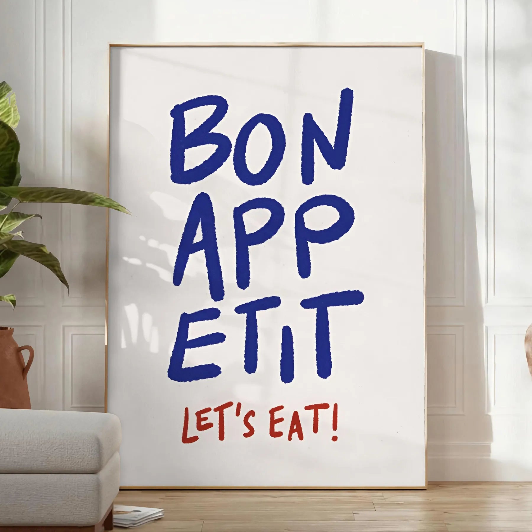 kitchen Bon Appetit Let Eat poster elegant blue gray hues captivating wall art perfect touch culinary flair space thoughtful gift preferred style unframed print