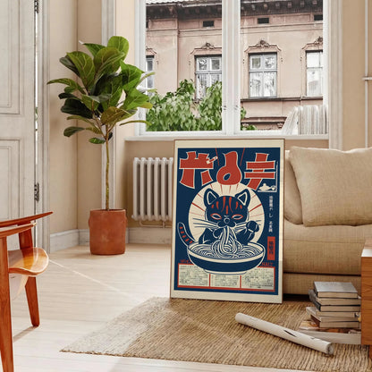 whimsical touch space Cat Ramen Kitchen Art Poster playful feline chefs vibrant blue green palette captivating wall perfect gift lovers foodies various sizes A4 cm A0