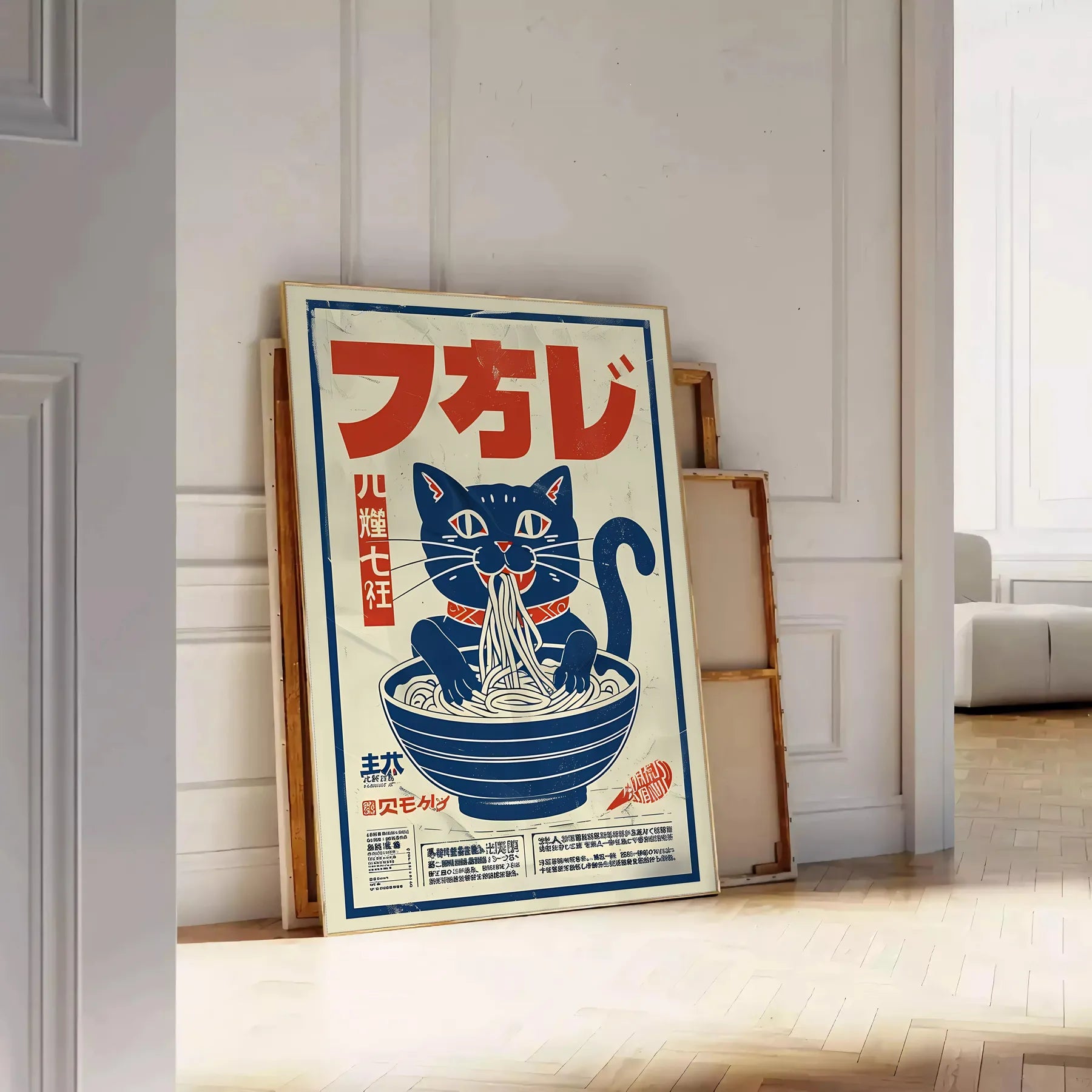 walls captivating Cat Ramen Kitchen poster charming feline chefs stylish blue gray palette delightful wall art print unique gift lovers food enthusiasts unframed variants