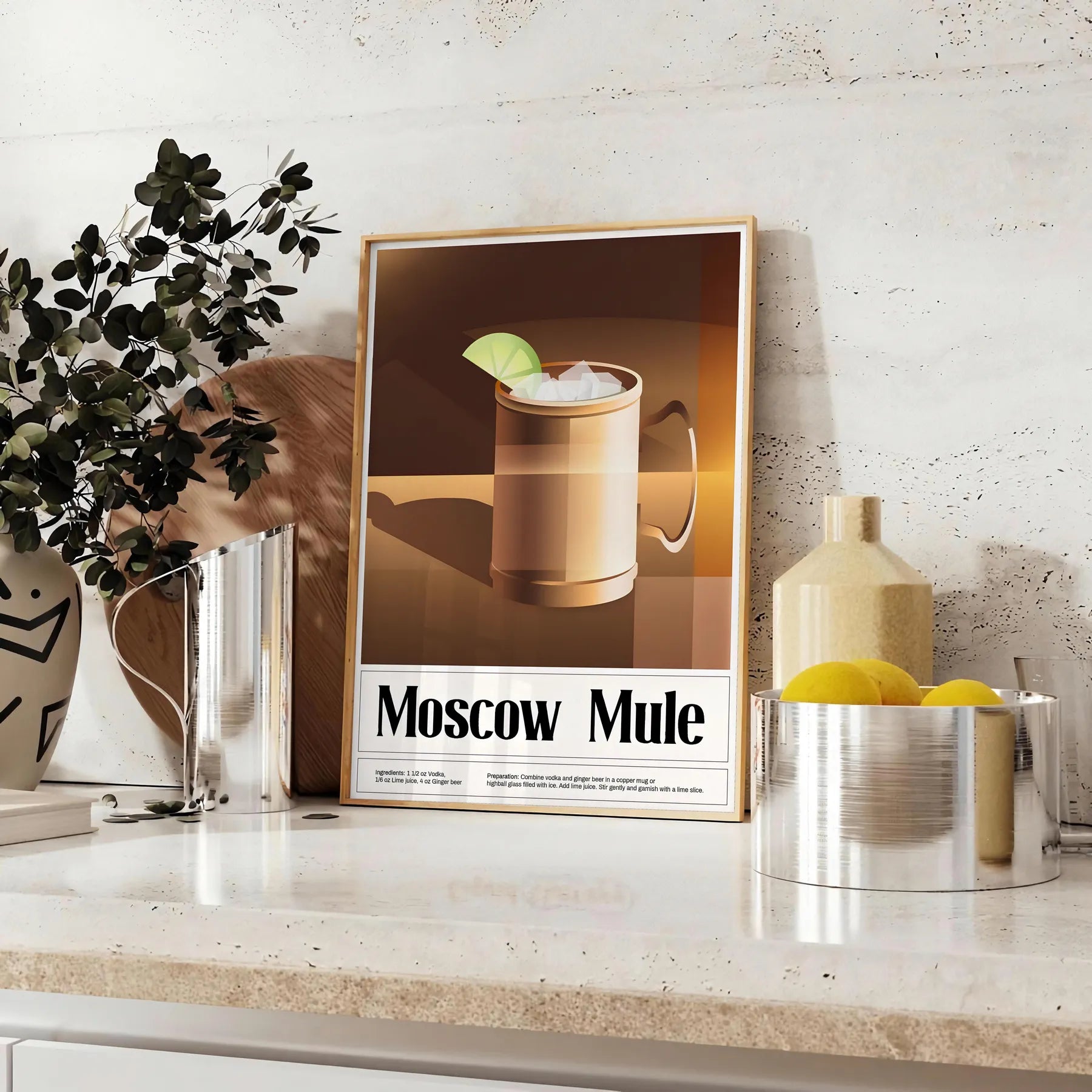 space stylish Moscow Mule cocktail poster vibrant greens sleek black backdrop kitchen wall art unique gift lovers framed frameless options home bar dining area