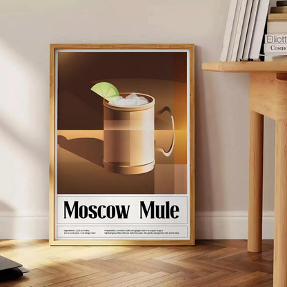 space stylish Moscow Mule cocktail poster vibrant greens sleek black backdrop kitchen wall art unique gift lovers framed frameless options home bar dining area