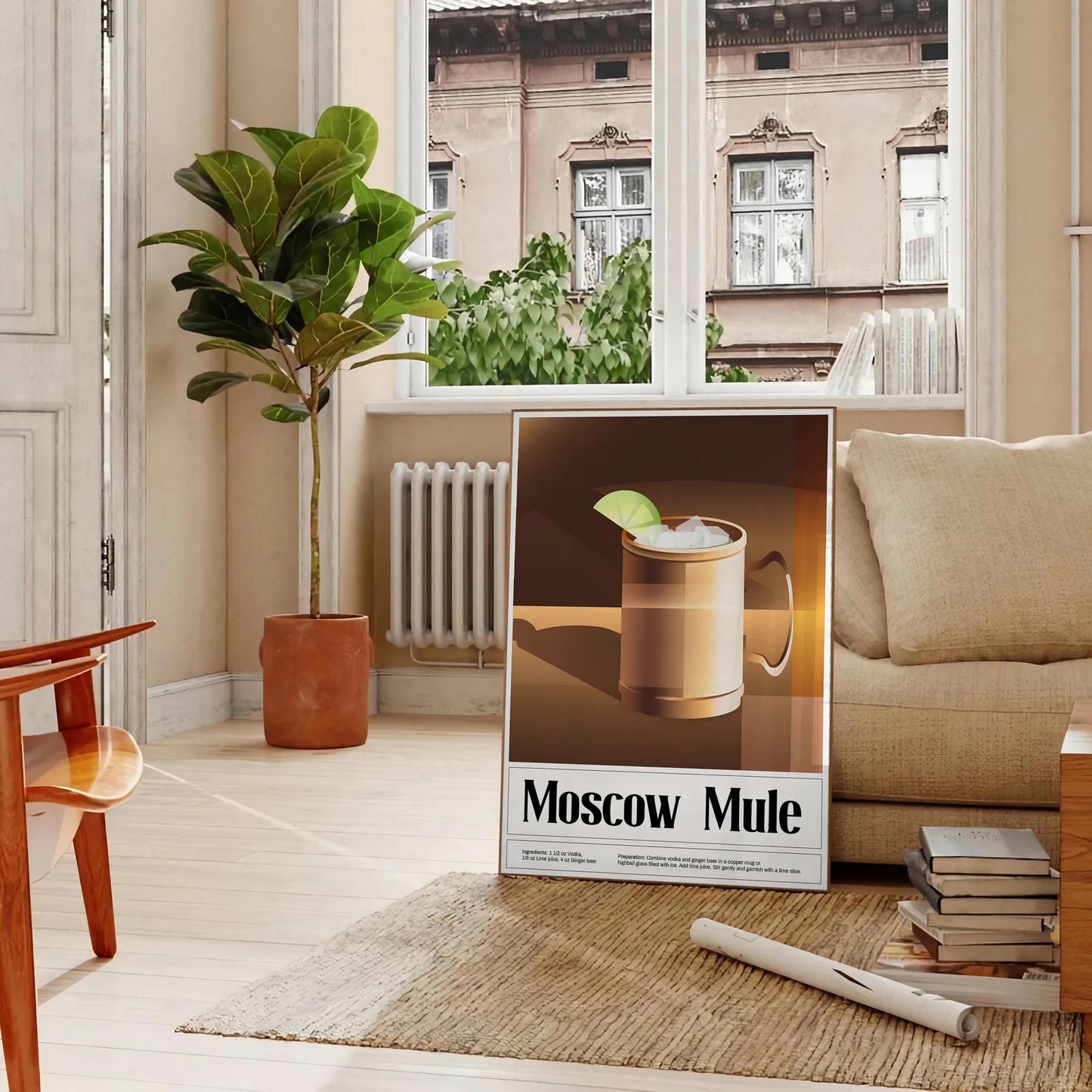 space stylish Moscow Mule cocktail poster vibrant greens sleek black backdrop kitchen wall art unique gift lovers framed frameless options home bar dining area