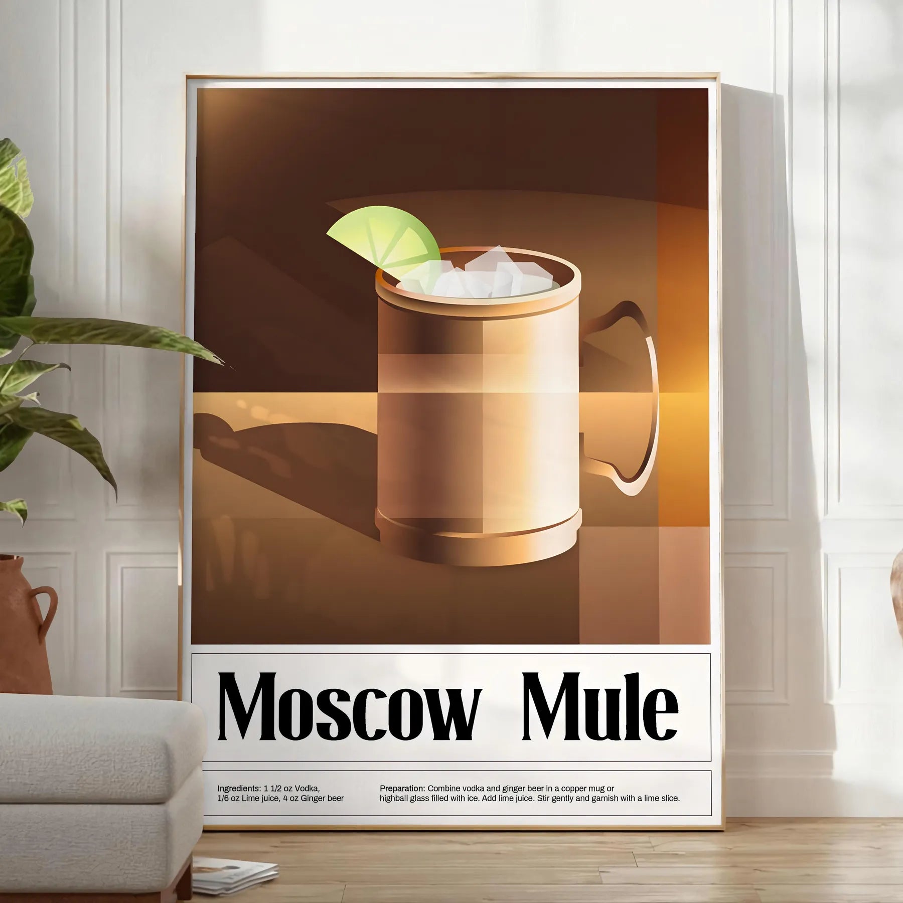 space stylish Moscow Mule cocktail poster vibrant greens sleek black backdrop kitchen wall art unique gift lovers framed frameless options home bar dining area