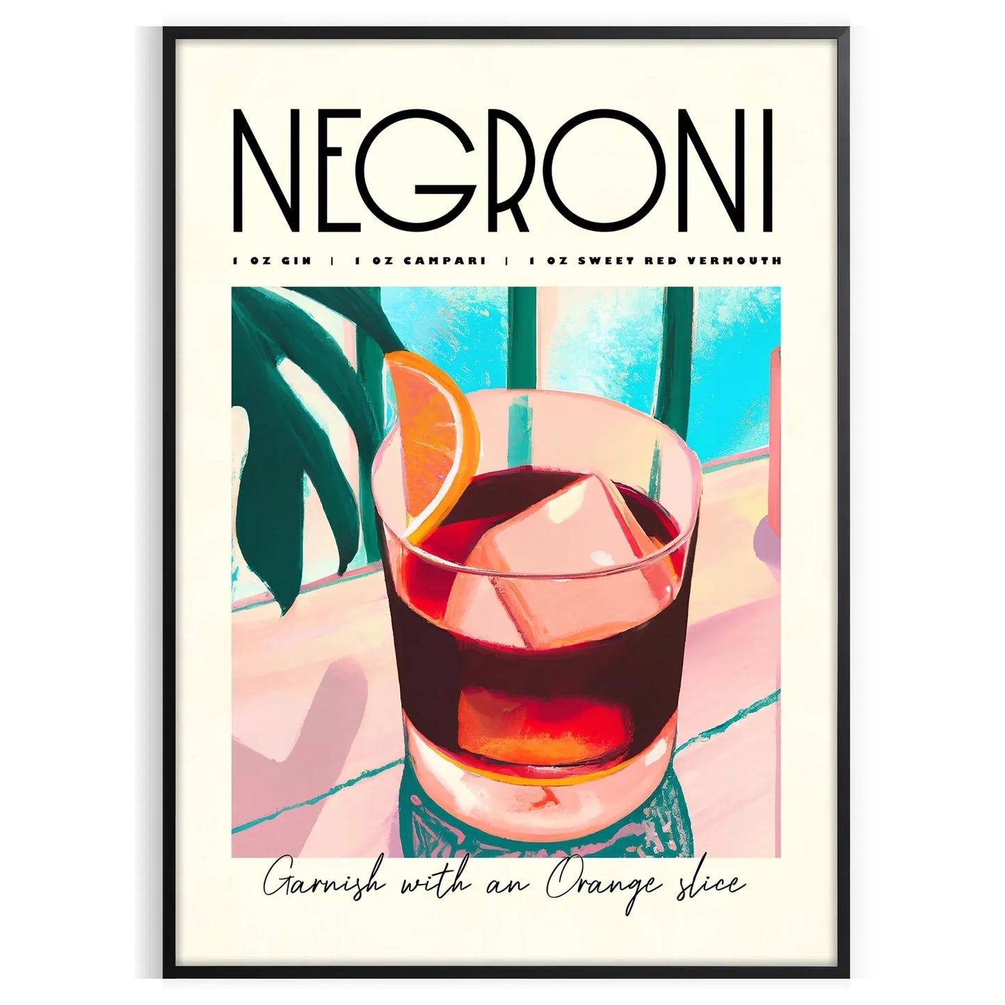 space vibrant negroni cocktail art poster blue orange hues stylish wall piece unique gift idea home bar kitchen artwork essence mixology standalone print