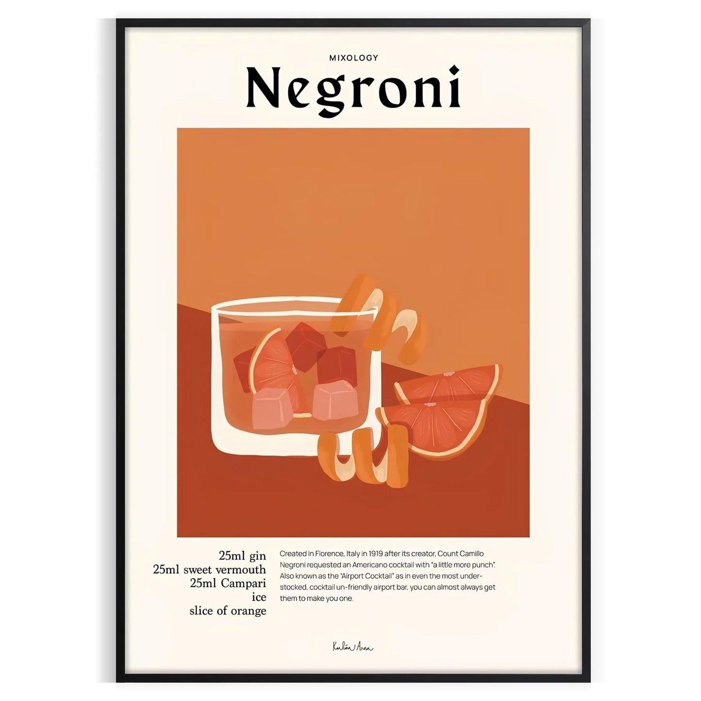 space vibrant Negroni cocktail poster orange black stunning wall art perfect enthusiasts unique gift decor eye artwork A4 cm A0 formats