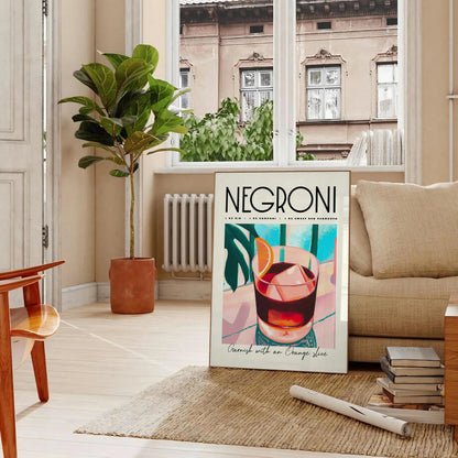 space vibrant negroni cocktail art poster blue orange hues stylish wall piece unique gift idea home bar kitchen artwork essence mixology standalone print