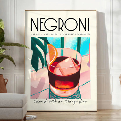 space vibrant negroni cocktail art poster blue orange hues stylish wall piece unique gift idea home bar kitchen artwork essence mixology standalone print