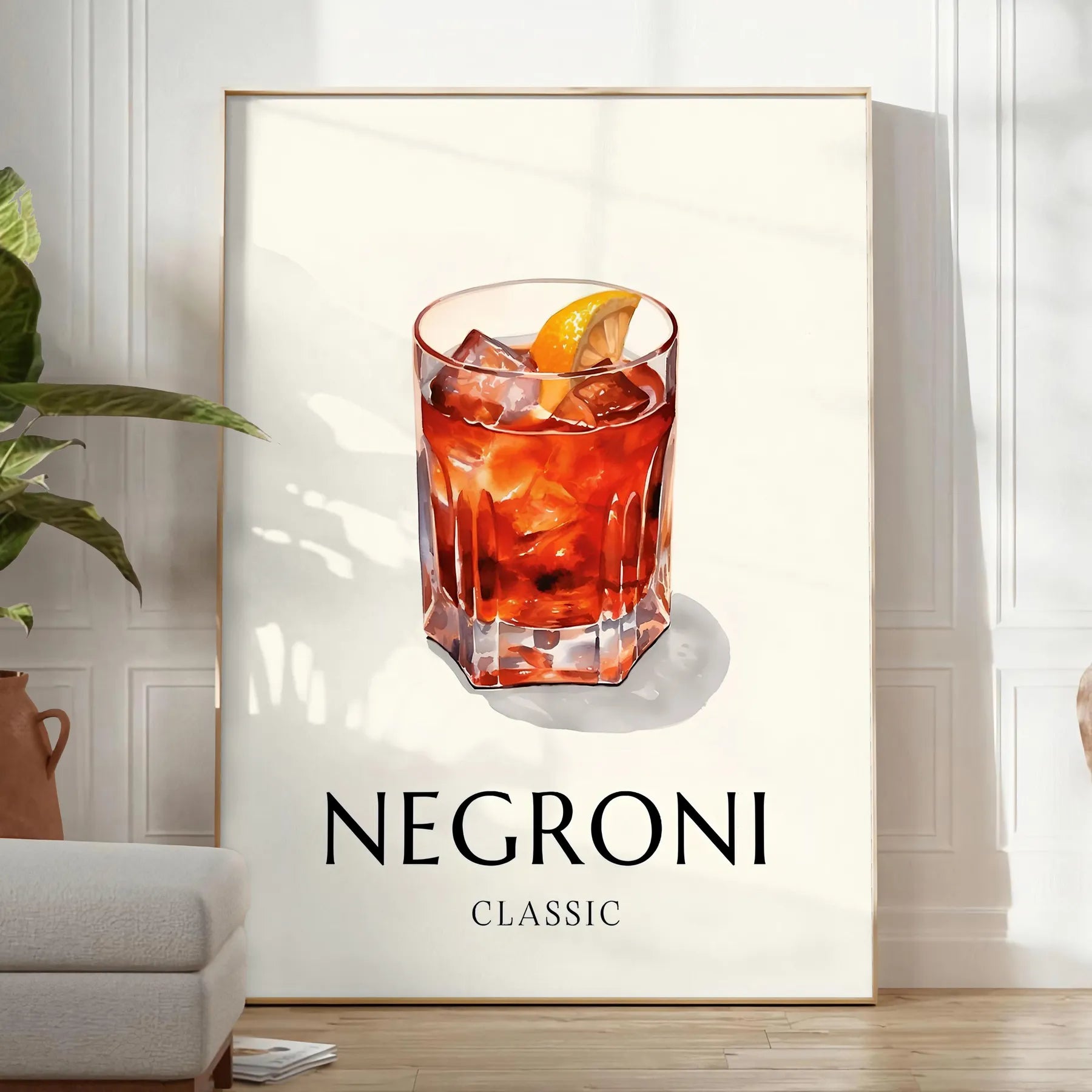 space striking Negroni Cocktail poster vibrant orange sleek black wall art lovers print ideal gift occasion decor unique artwork sizes A4 cm A0