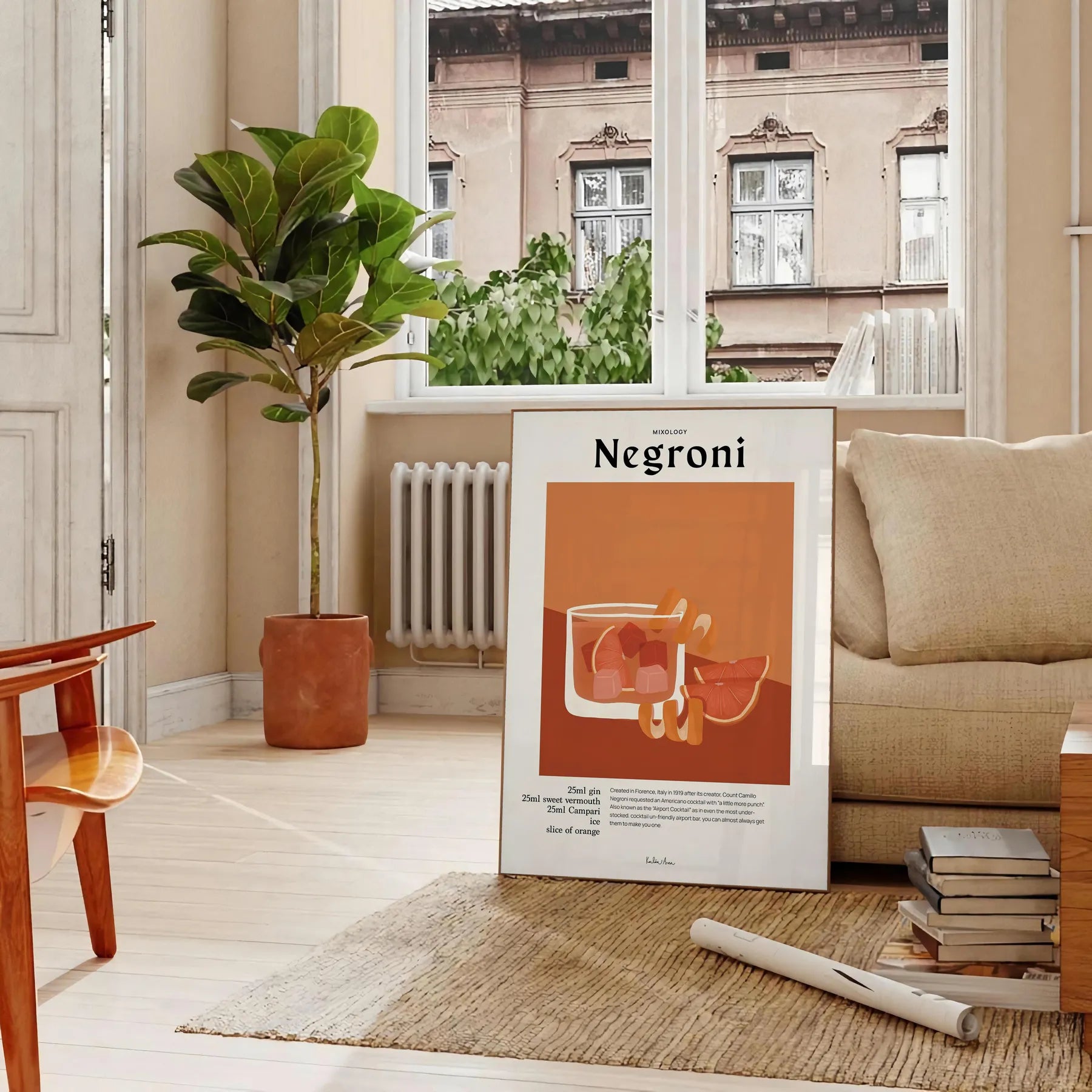 space vibrant Negroni cocktail poster orange black stunning wall art perfect enthusiasts unique gift decor eye artwork A4 cm A0 formats