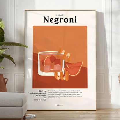 space vibrant Negroni cocktail poster orange black stunning wall art perfect enthusiasts unique gift decor eye artwork A4 cm A0 formats