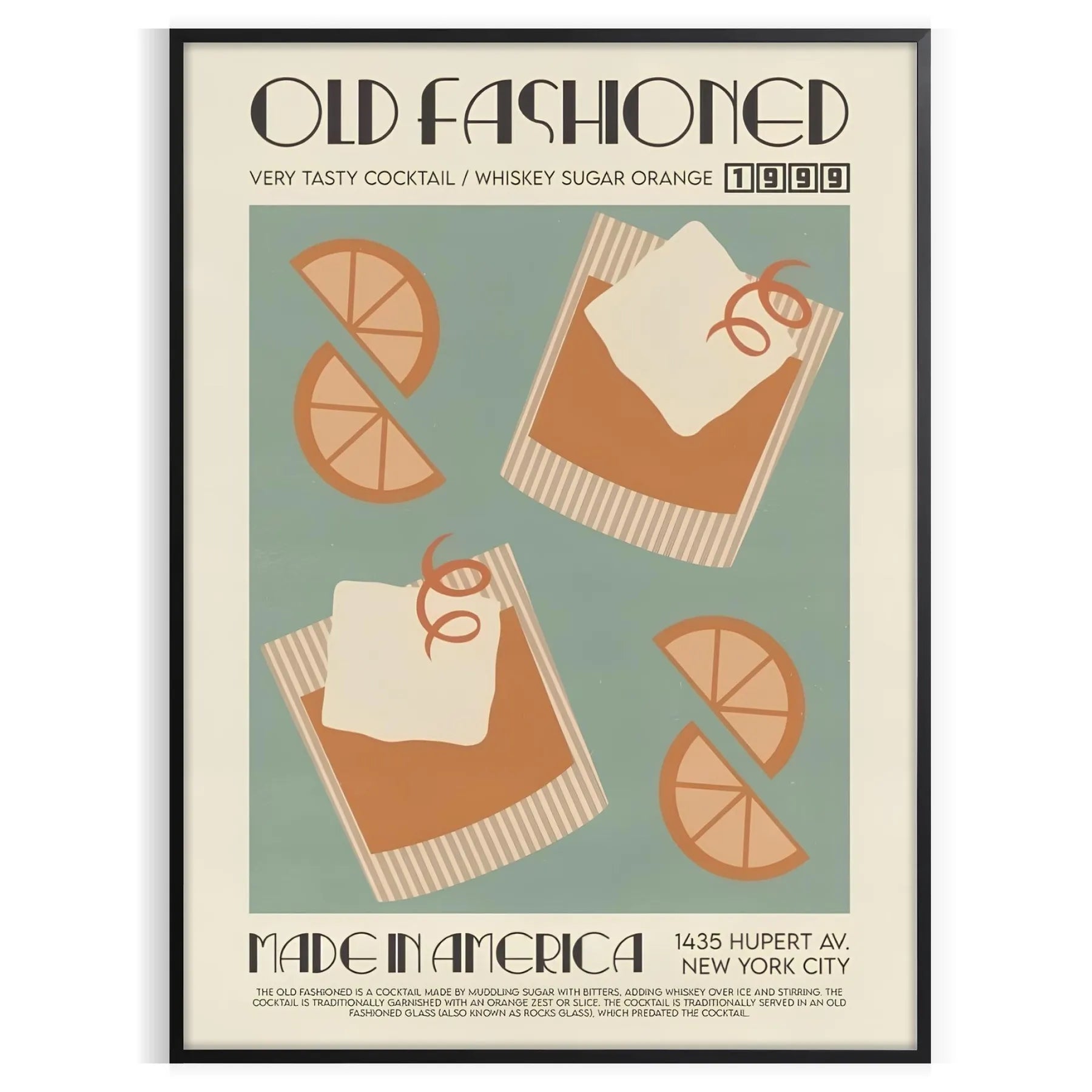 space vintage Old Fashioned Cocktail poster rich brown green hues perfect wall art enthusiasts unique gift artwork available print sizes A4 cm A0