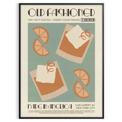 space vintage Old Fashioned Cocktail poster rich brown green hues perfect wall art enthusiasts unique gift artwork available print sizes A4 cm A0