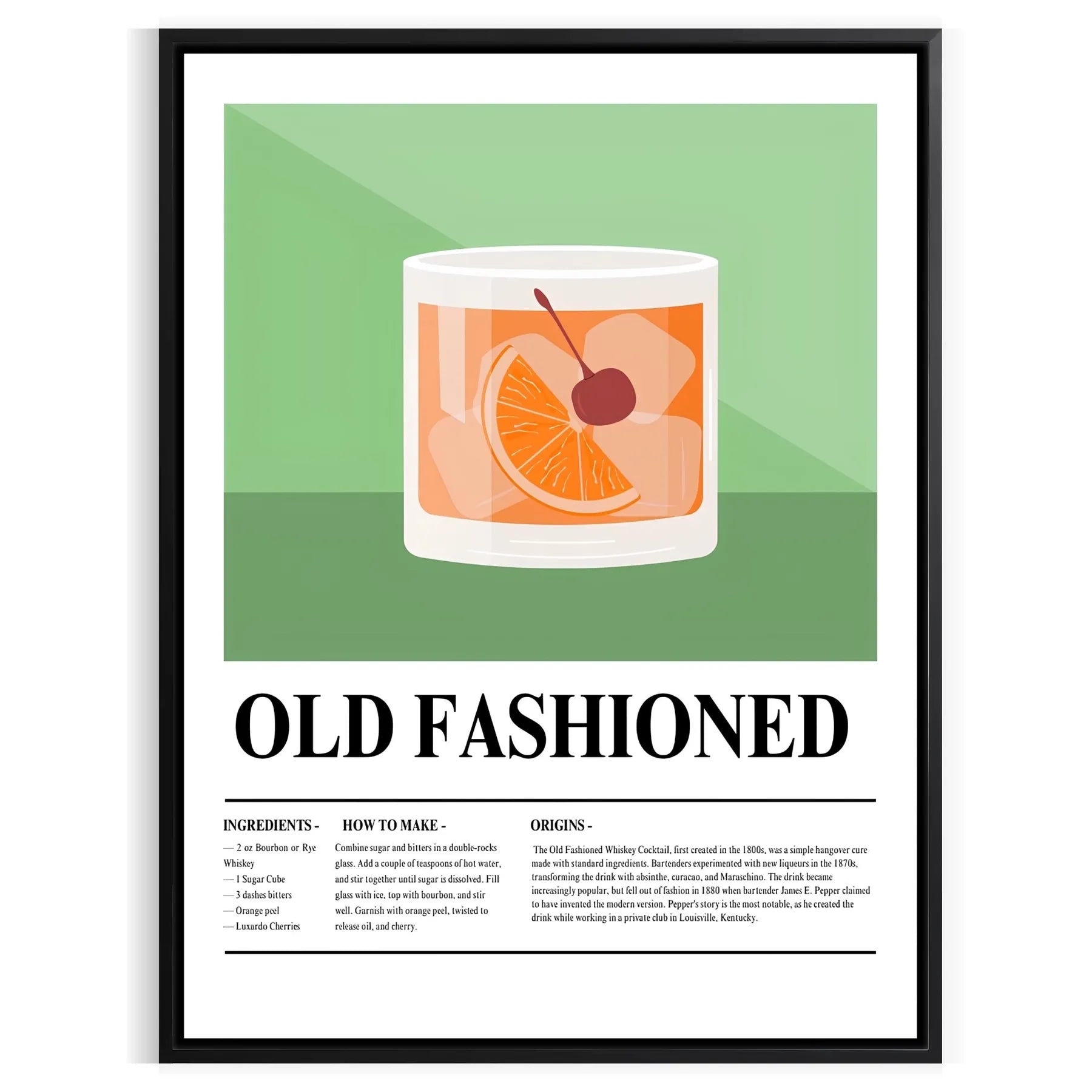space Old Fashioned Cocktail poster vibrant green hues sleek black backdrop stylish wall art thoughtful gift eye print sophistication room unframed options