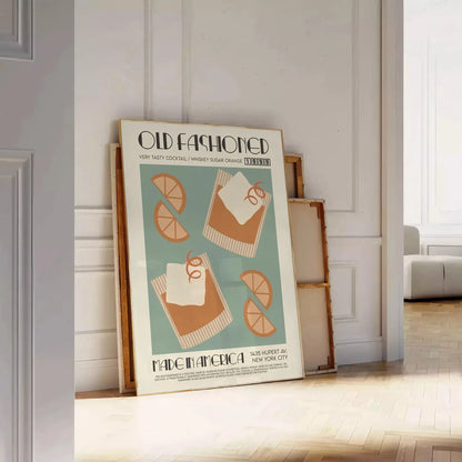 space vintage Old Fashioned Cocktail poster rich brown green hues perfect wall art enthusiasts unique gift artwork available print sizes A4 cm A0