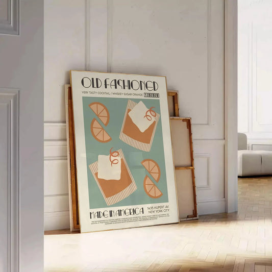 space vintage Old Fashioned Cocktail poster rich brown green hues perfect wall art enthusiasts unique gift artwork available print sizes A4 cm A0