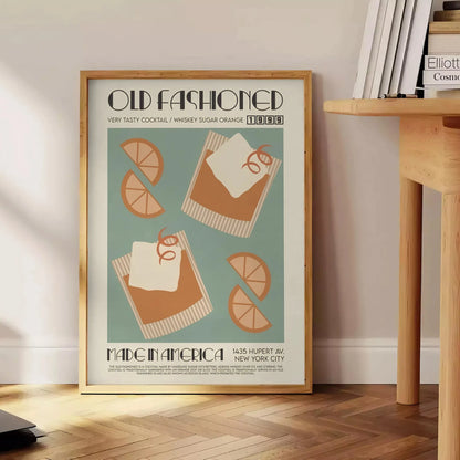space vintage Old Fashioned Cocktail poster rich brown green hues perfect wall art enthusiasts unique gift artwork available print sizes A4 cm A0