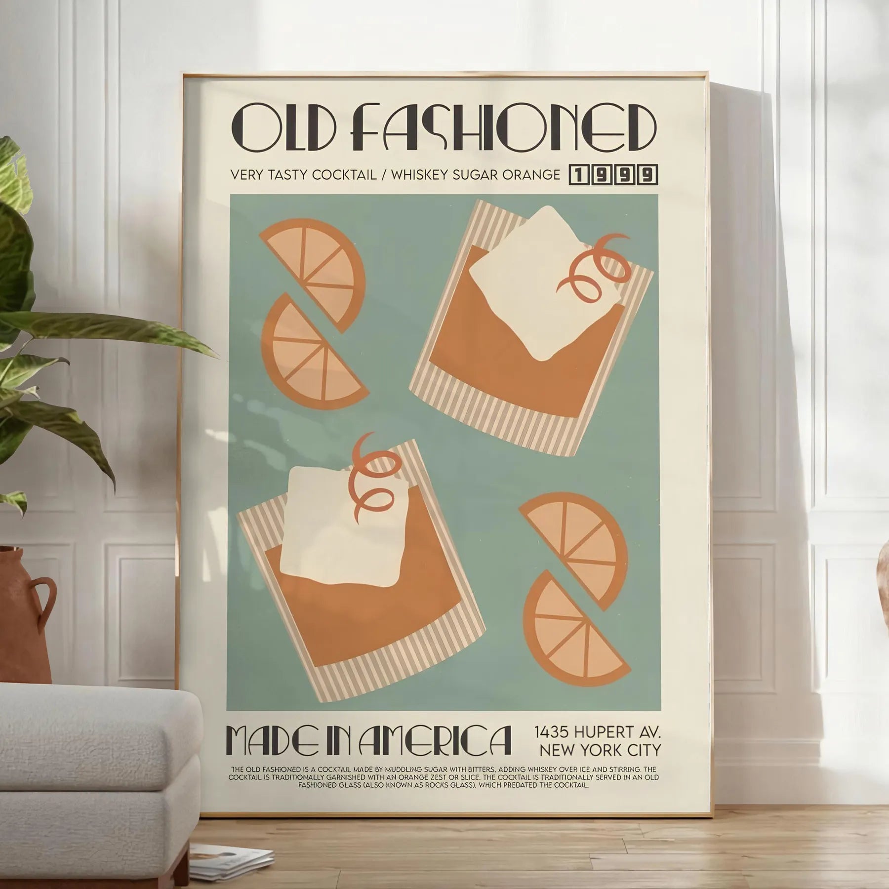 space vintage Old Fashioned Cocktail poster rich brown green hues perfect wall art enthusiasts unique gift artwork available print sizes A4 cm A0