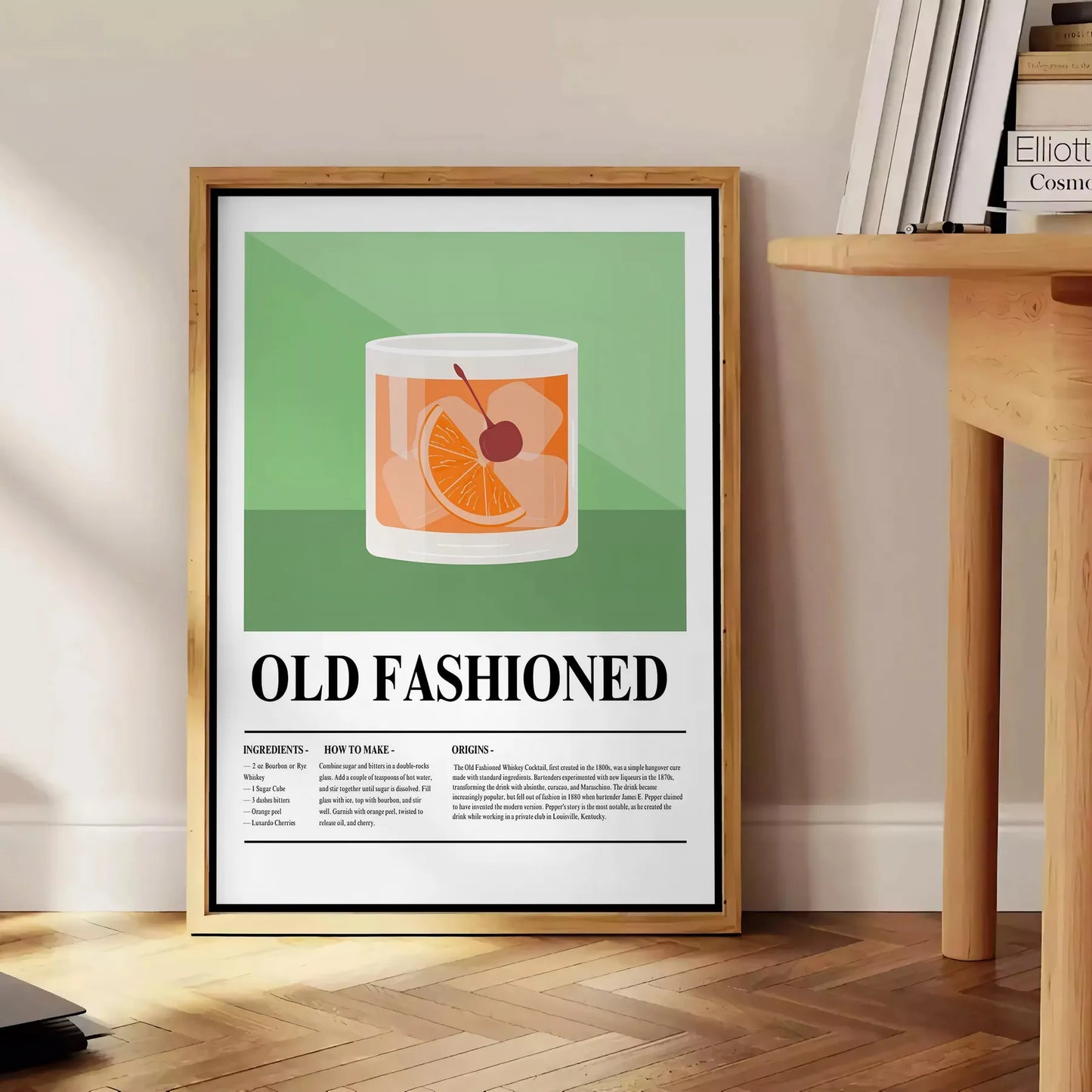space Old Fashioned Cocktail poster vibrant green hues sleek black backdrop stylish wall art thoughtful gift eye print sophistication room unframed options