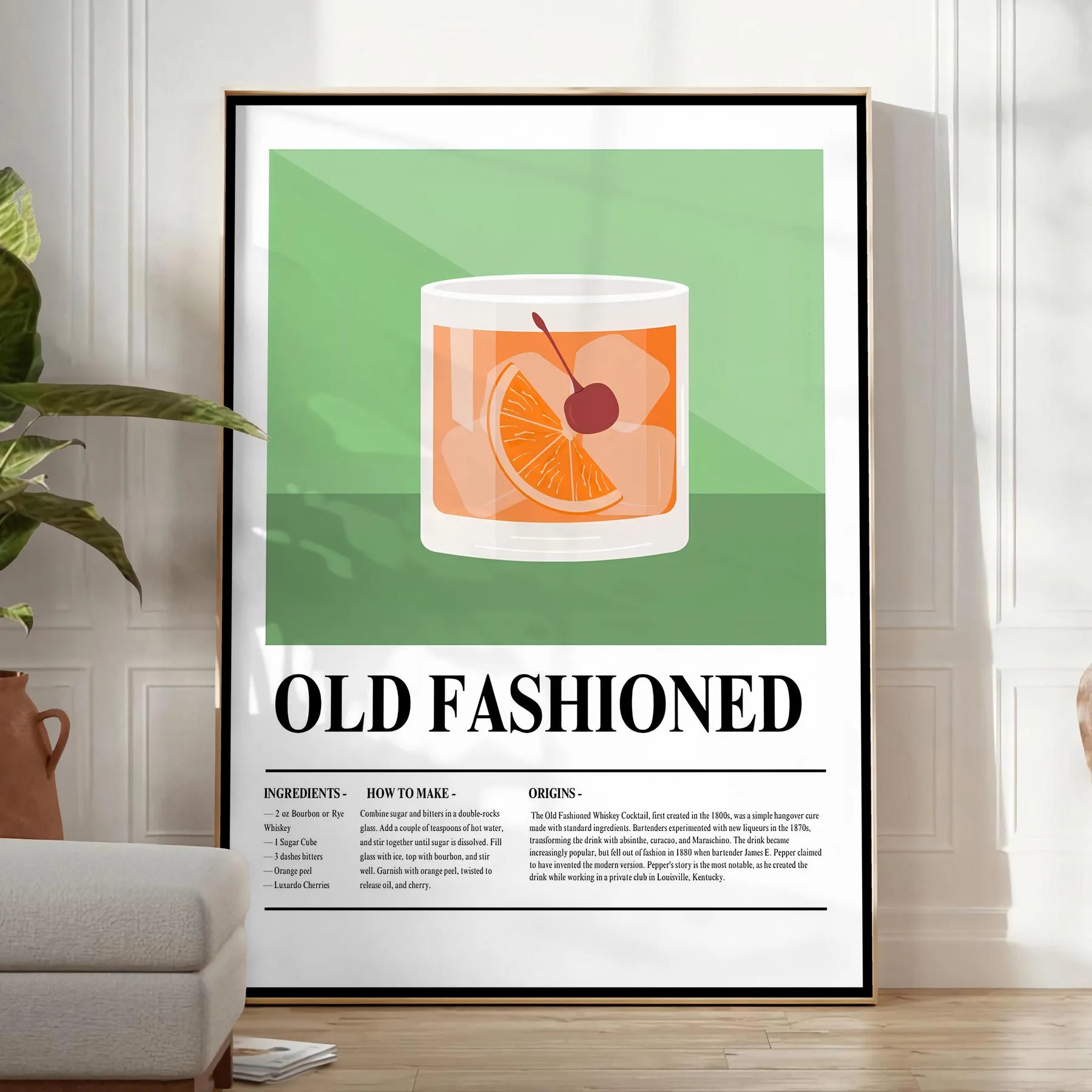 space Old Fashioned Cocktail poster vibrant green hues sleek black backdrop stylish wall art thoughtful gift eye print sophistication room unframed options